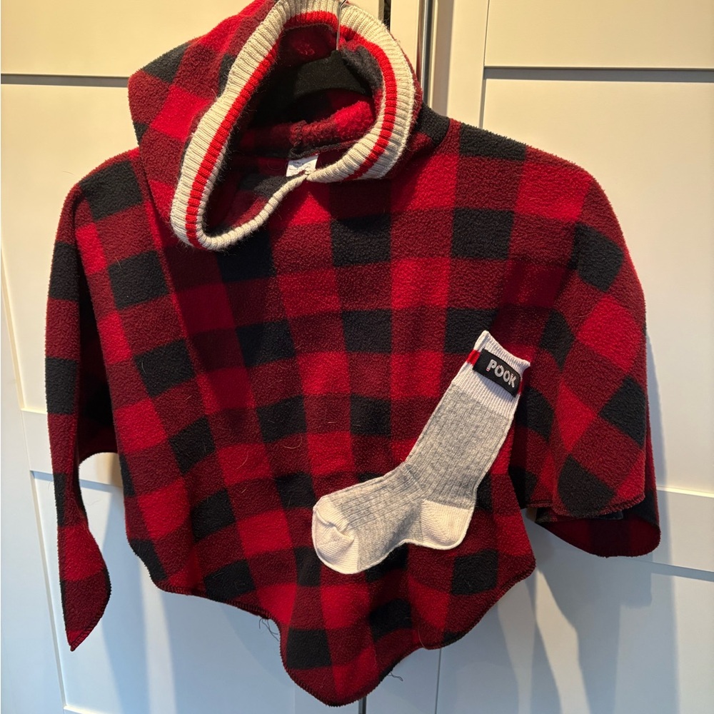 Red and Black Plaid Poncho with Hood